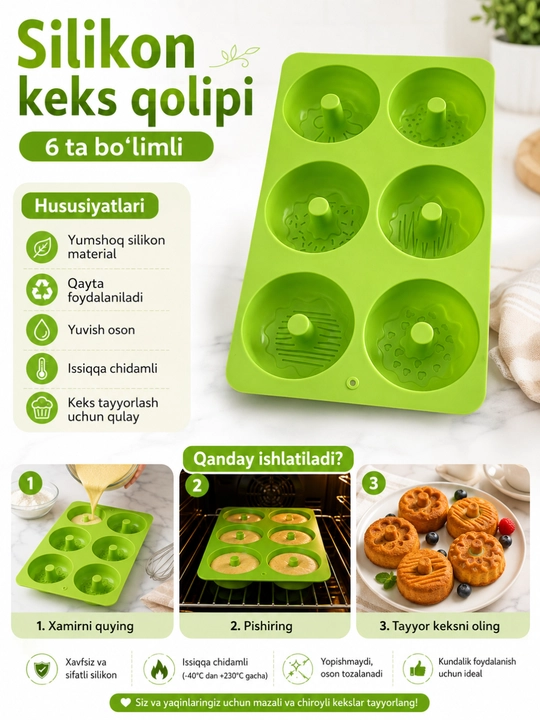 6 bo‘limli silikon keks qolipi, yopishmaydigan va issiqqa chidamli - 