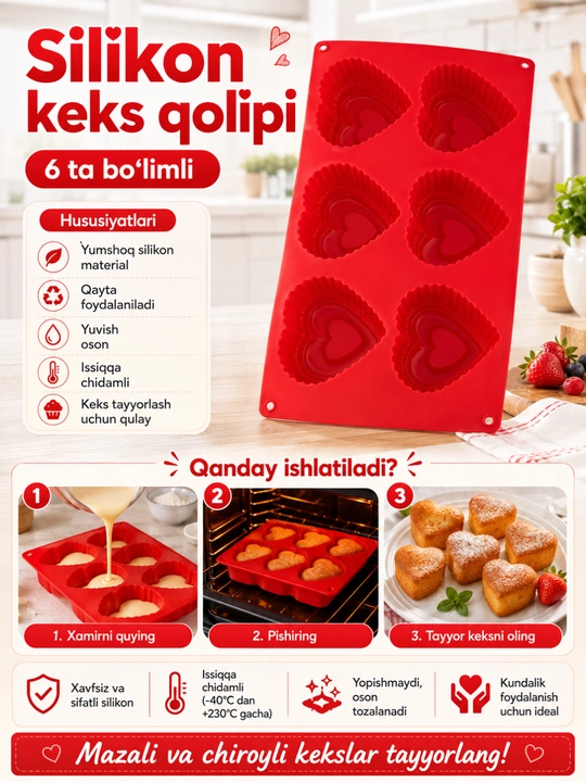 6 bo‘limli silikon keks qolipi, yopishmaydigan va issiqqa chidamli - 