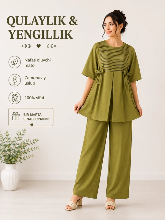 Ayollar uchun yozgi kostyum–ko'ylak va Palazzo shalvar komplekti premium sifat - 
