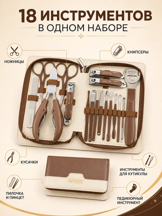 Набор для маникюра и педикюра, 18 предметов в кожаном футляре