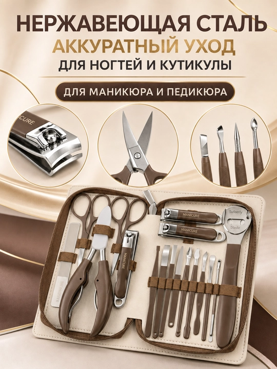 Набор для маникюра и педикюра, 18 предметов в кожаном футляре