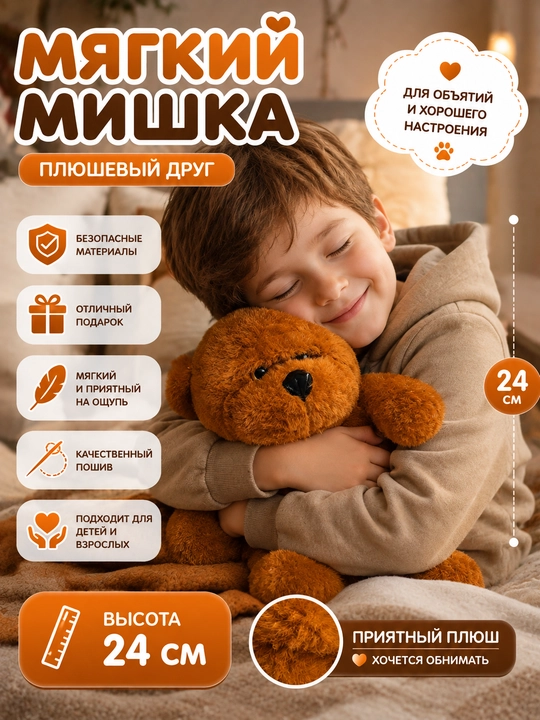Мягкая игрушка плюшевый мишка 24 см — плюшевый медвежонок, подарок для детей и взрослых - 