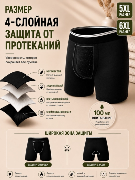 Erkaklar uchun ko‘p martalik ichki kiyim va boksyerlar, paxta va bambuk tolali, 4XL, 5XL, 6XL