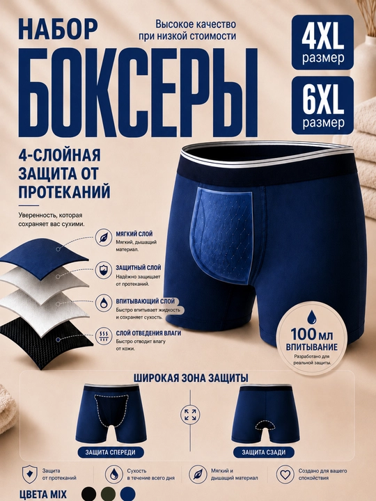 Erkaklar uchun ko‘p martalik ichki kiyim va boksyerlar, paxta va bambuk tolali, 4XL, 5XL, 6XL