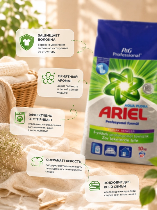 Ariel kir yuvish kukuni, oq va rangli kiyimlar uchun avtomat, 10 kg