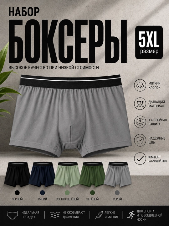 Erkaklar uchun ko‘p martalik ichki kiyim va boksyerlar, paxta va bambuk tolali, 4XL, 5XL, 6XL - 
