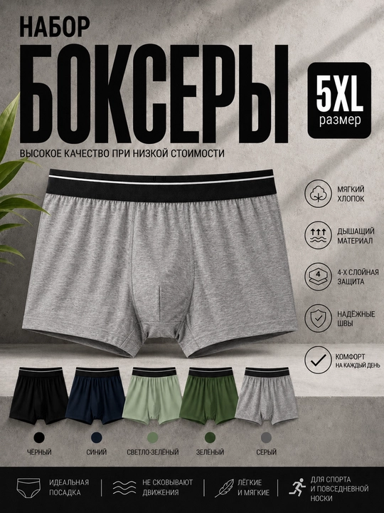 Erkaklar uchun ko‘p martalik ichki kiyim va boksyerlar, paxta va bambuk tolali, 4XL, 5XL, 6XL - 