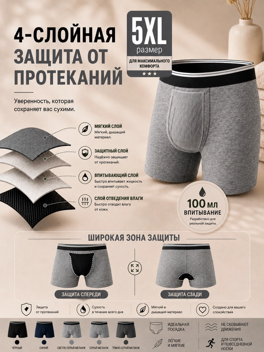Erkaklar uchun ko‘p martalik ichki kiyim va boksyerlar, paxta va bambuk tolali, 4XL, 5XL, 6XL