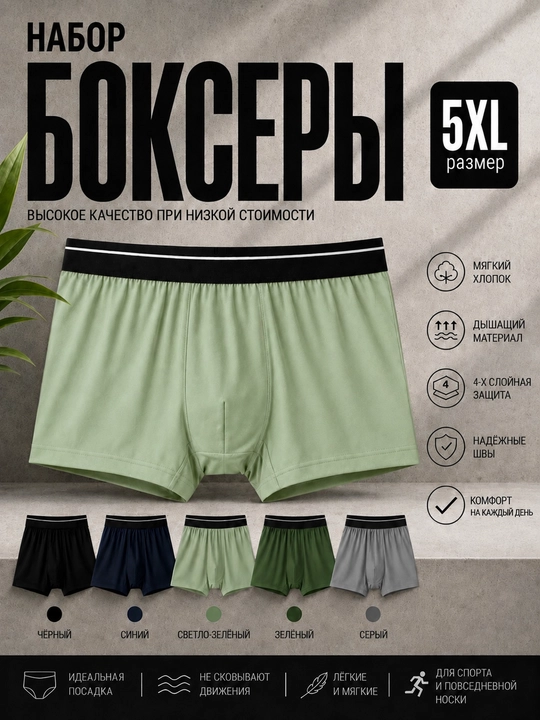 Erkaklar uchun ko‘p martalik ichki kiyim va boksyerlar, paxta va bambuk tolali, 4XL, 5XL, 6XL - 
