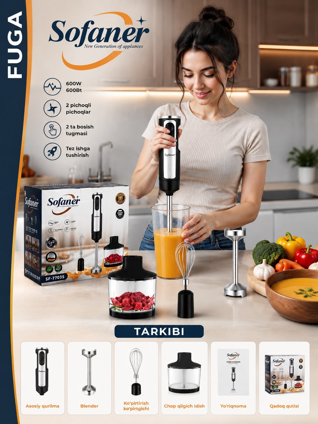 Sofaner 4 в 1: миксер, ручной блендер, чаша, мощность 600 Вт