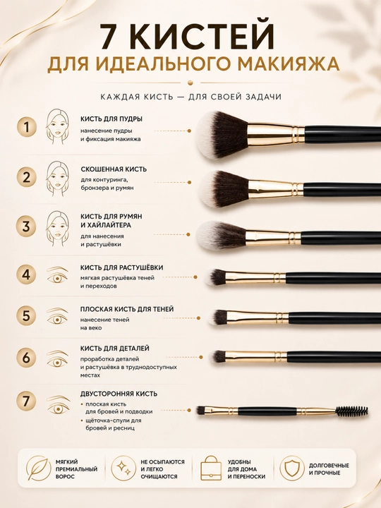 Набор кистей для макияжа MU-MIX ROSE, 7 кистей для лица, глаз, бровей и губ