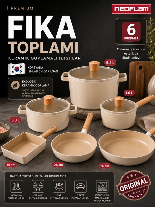 NEOFLAM FIKA Idishlar to‘plami, 15-24-26 sm tovalar, 1.6 litrli kovsh, 3.8-5.4 L qozonlar - 