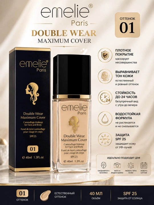 Тональный крем Emelie Paris Double Wear Maximum Cover SPF25, 40 мл (Оттенки 01 и 02) - 