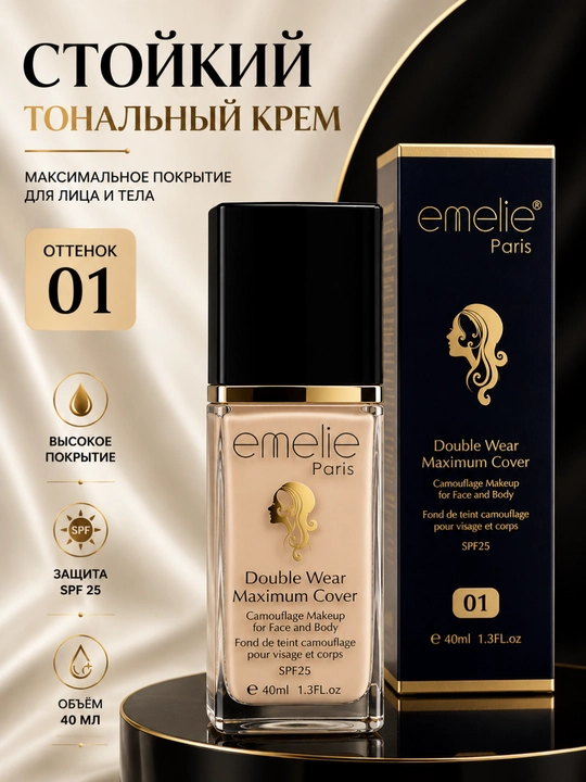 Emelie Paris Double Wear Maximum Cover SPF25 tonal krem, 40 ml (01 va 02 ranglar)