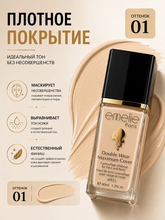 Emelie Paris Double Wear Maximum Cover SPF25 tonal krem, 40 ml (01 va 02 ranglar)