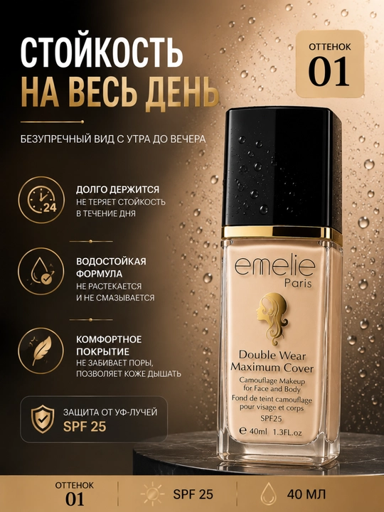 Emelie Paris Double Wear Maximum Cover SPF25 tonal krem, 40 ml (01 va 02 ranglar)