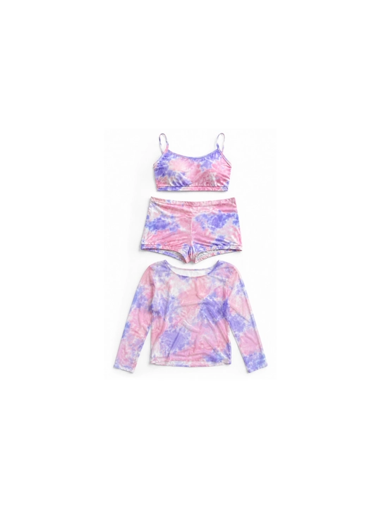 Ayollar plyaj komplekti, uch qismli kostyum, spandeks, tie dye, yozgi kiyim, beachwear