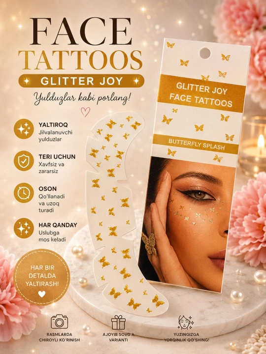 Glitter Joy Face Tattoos — Временные блестящие стикер-тату для лица для детей и взрослых - 
