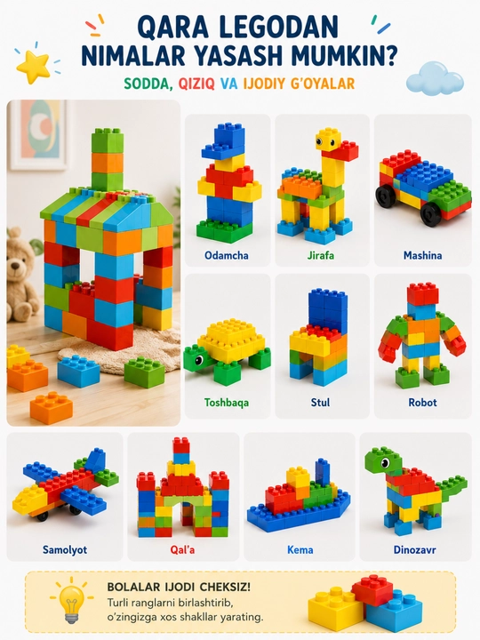 BRICKS konstruktor kubiklari saqlash chelagi bilan, bolalar uchun lego