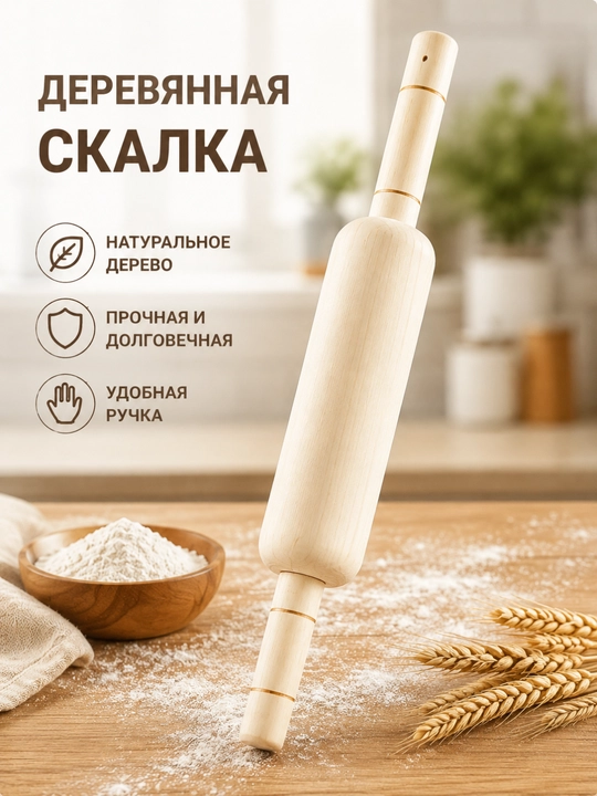 Oshxona uchun yog‘och xamir yoygich, skalyalka, ergonomik tutqichli - 