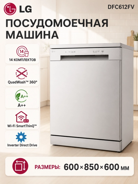 LG QuadWash™ idish yuvish mashinasi, 14 komplekt, invertor motor - 