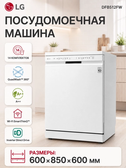 LG QuadWash™ idish yuvish mashinasi, 14 komplekt, invertor motor - 