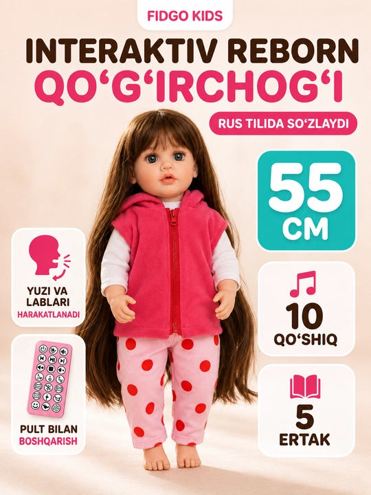 FIDGO BABY Lovely qo‘g‘irchog‘i, 55 sm, silikon, realistik xususiyatlarga ega - 