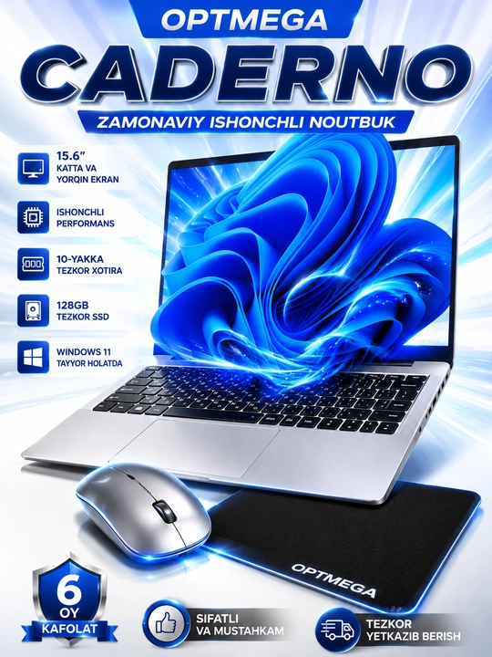 Ноутбук CADERNO 15.6" Intel N3700 8GB RAM 128GB SSD Windows 11 Pro