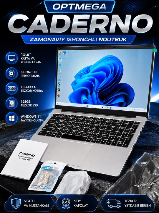 Ноутбук CADERNO 15.6" Intel N3700 8GB RAM 128GB SSD Windows 11 Pro