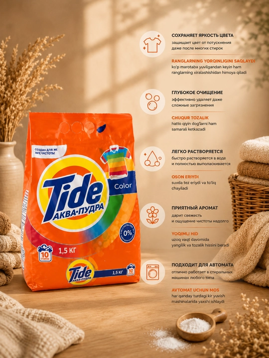 Tide Aqua Pudra Color — rangli kiyimlar uchun avtomat kir yuvish kukuni, 1,5 kg - 