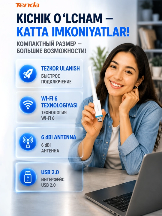 Tenda U2 Wi‑Fi 6 адаптер – скорость 286 Мб/с и антенна 6 dBi, мощный и стабильный интернет