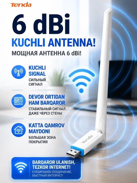 Tenda U2 Wi‑Fi 6 адаптер – скорость 286 Мб/с и антенна 6 dBi, мощный и стабильный интернет