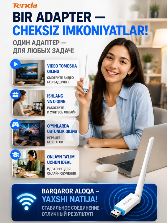 Tenda U2 Wi‑Fi 6 адаптер – скорость 286 Мб/с и антенна 6 dBi, мощный и стабильный интернет
