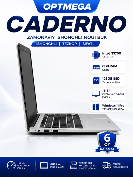 Ноутбук CADERNO 15.6" Intel N3700 8GB RAM 128GB SSD Windows 11 Pro
