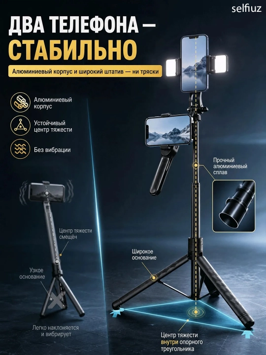Штатив для телефона, 180 см, 4 в 1, 2 LED фонаря и Bluetooth: монопод, селфи-палка