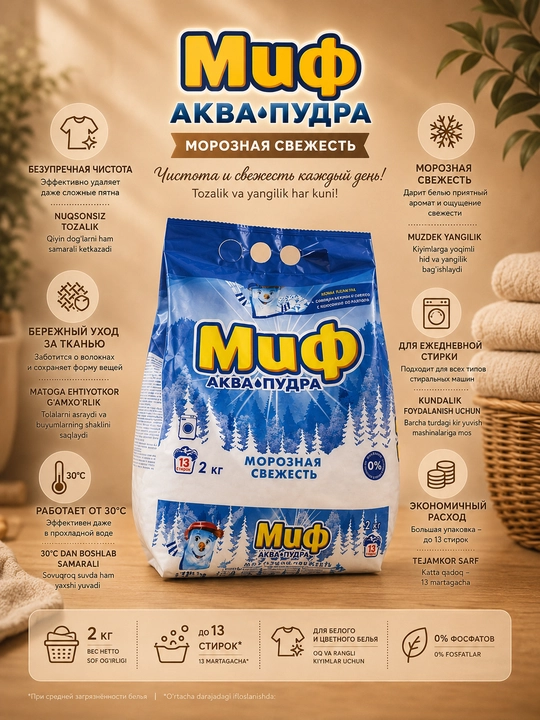 Mif Aqua Pudra Muzdek tazelik — avtomat kir yuvish kukuni, 2 kg - 