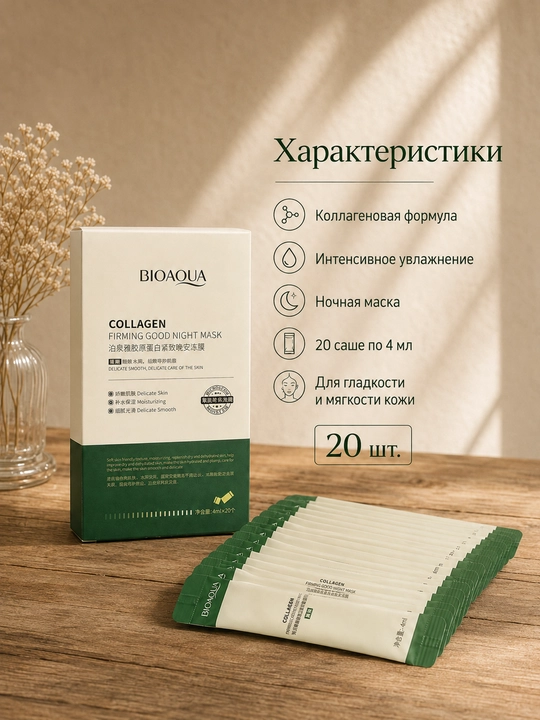 BIOAQUA kollagenli tungi yuz niqobi, 4 ml × 20 dona