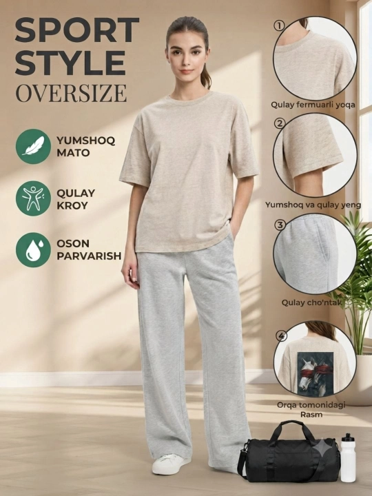Летняя двойка в спортивном стиле oversize для женщин — Набор футболки и брюк - 