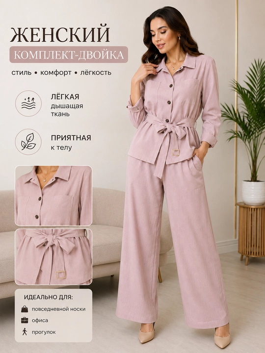 Женский комплект-двойка, рубашка + брюки - 