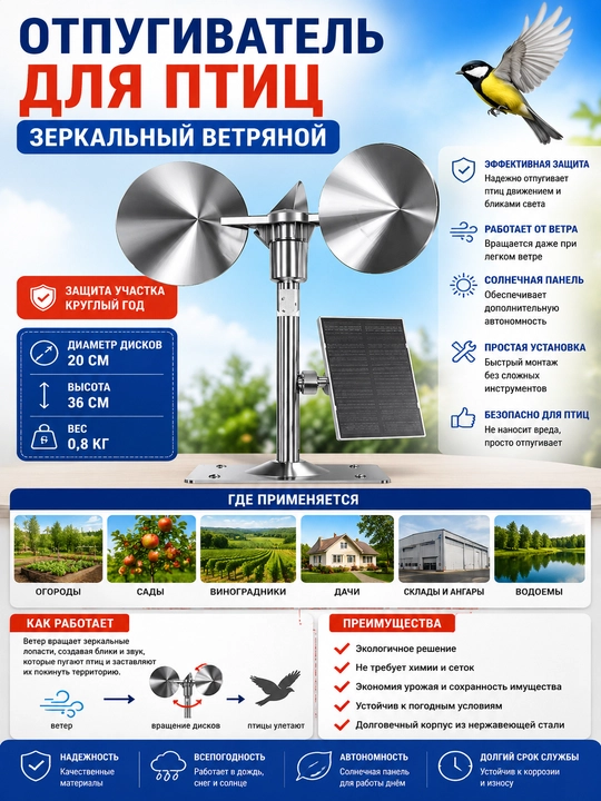 Quyosh panelli shamolli oyna qushlarini qo’rqituvchi - 