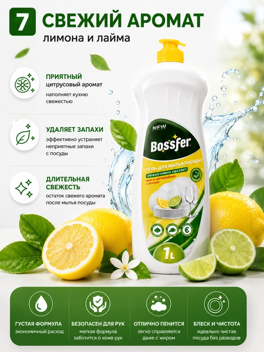 Гель для мытья посуды Bossfer, 1 л, лимон и лайм, антибактериал, средство для мытья посуды - 
