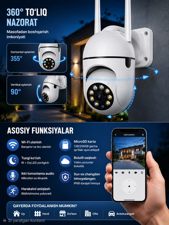 Aqlli Wi-Fi kamera, videokuzatuv kameralari, 360° Full HD kamera