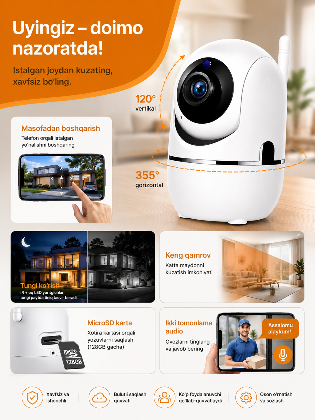 Aqlli Wi-Fi kamera, videokuzatuv kameralari, 360° Full HD kamera