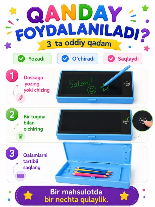 LCD planshetli penal,  bolalar uchun ko‘p martalik yozuv