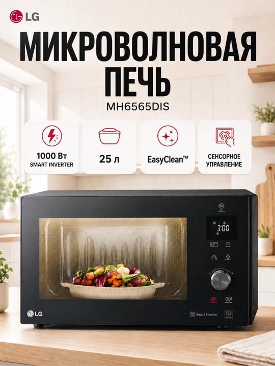 Микроволновая печь LG MH6565DIS, 25 л, с грилем и технологией Smart Inverter - 