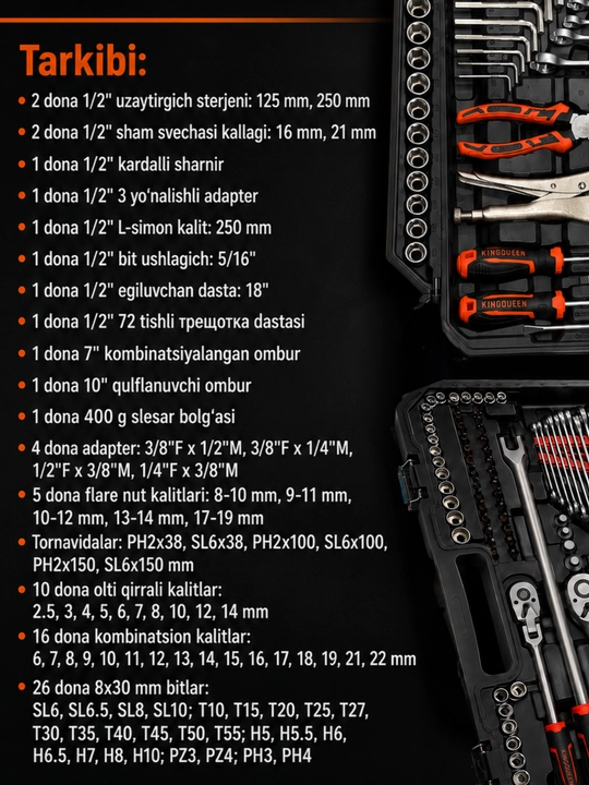 Набор инструментов KINGQUEEN 150 предметов, 1/4, 3/8 и 1/2 дюйма, CR-V