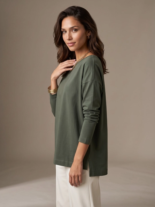 Женский лонгслив оверсайз из хлопка с круглым вырезом, кофта ELENIKA D49.008