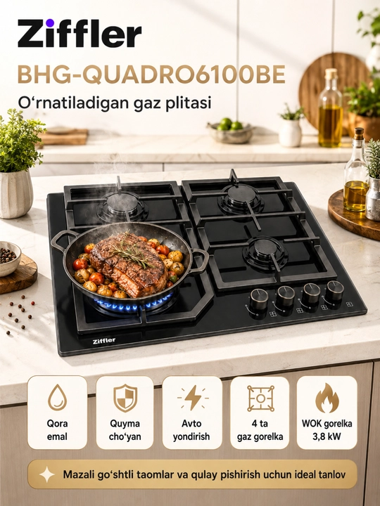 Gaz Panel Ziffler, 4 ta konforka, 3.8 kW WOK, cho'yan panjara, avto yondirgich