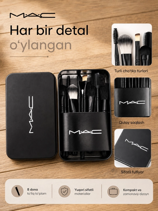 MAC makiyaj cho‘tkalari to‘plami, 8 dona, metall futlyar bilan