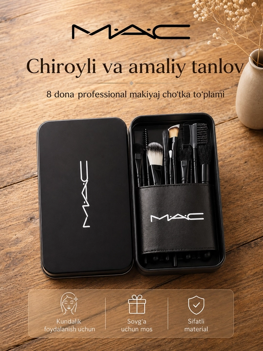 MAC makiyaj cho‘tkalari to‘plami, 8 dona, metall futlyar bilan